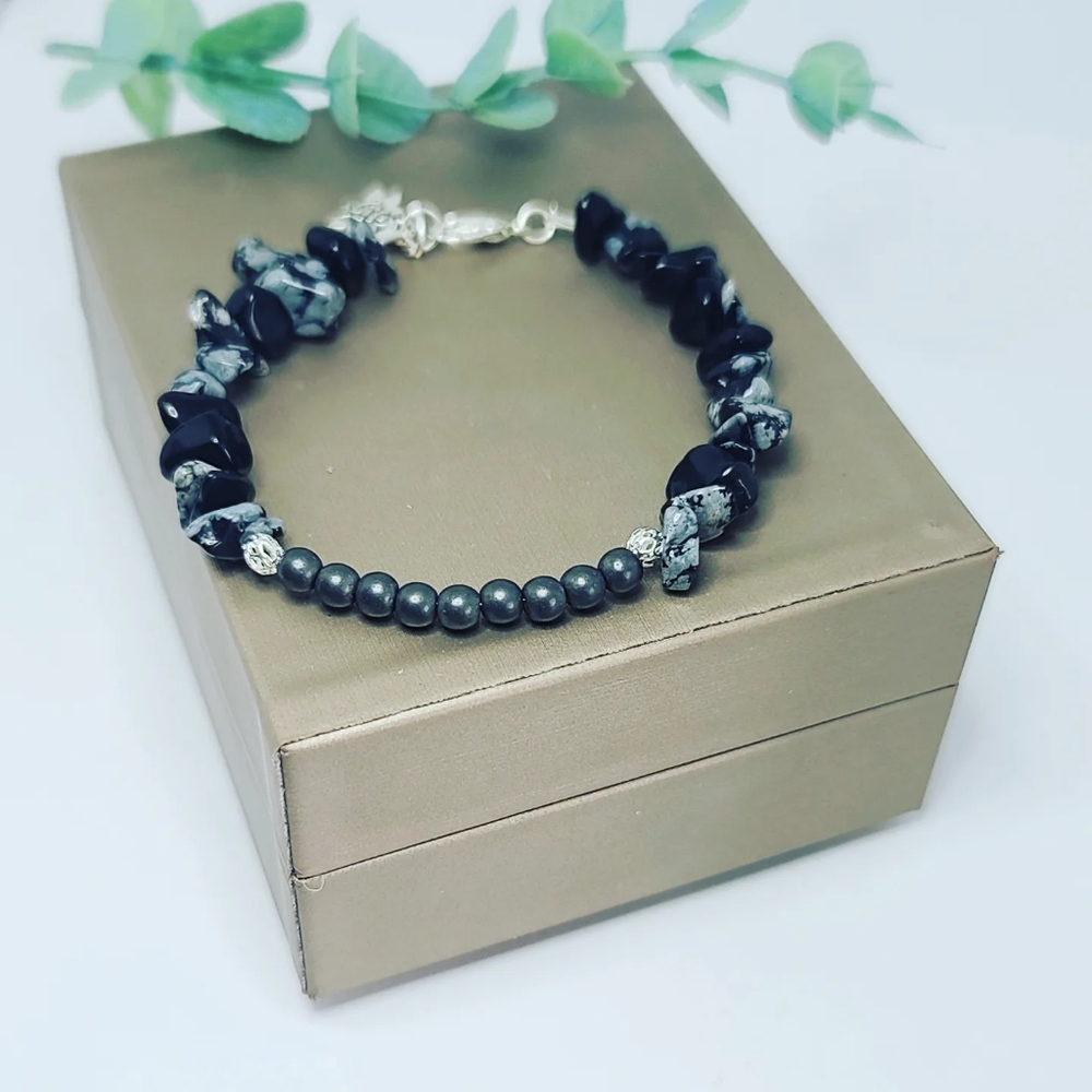 Snowflake Obsidian, Matte Hematite bracelet